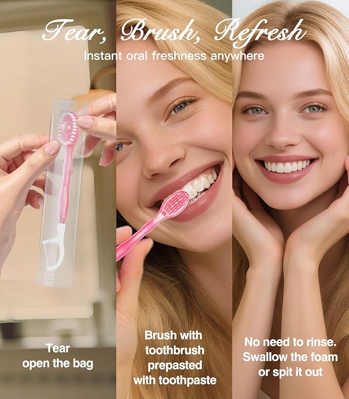 24 Pack 5-in-1 Disposable Toothbrushes with Toothpaste, Floss, Pick & Tongue Scraper, Portable Mini Toothbrush Travel Set for Kids Adults, Individually Wrapped, Work Camping, Peach Flavor