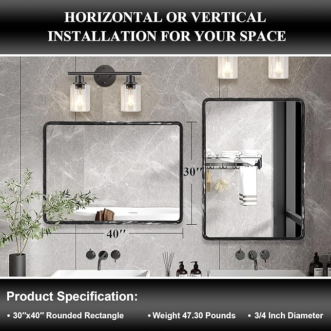 ANDY STAR Hand-Forged Black Bathroom Mirrors for Wall, 30x40 Inch Vintage Solid Steel Metal Frame Bathroom Vanity Mirror, Antique Rounded Rectangle Wall Mirror, Hangs Horizontally or Vertically