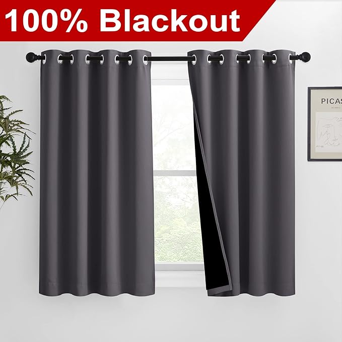 NICETOWN 100% Blackout Blinds, Set of 2, 46" x 45", Laundry Room Decor Window Treatment Curtains for Large Patio Sliding Door, Thermal Insulated Grey Curtains for Bedroom