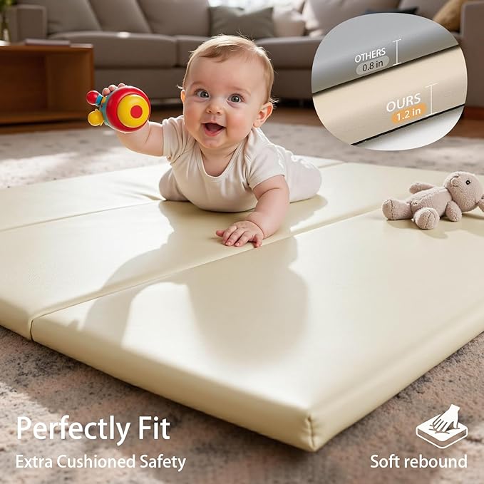 TODIBY Foam Baby Play Mat: PU Leather Waterproof Kids Playmat - Trifold Floor Mat - Large Play Mat for Playpen Thick Pad Fodable Mattress Soft Toddler Mattress Infant Cushion for Preschool (Beige)