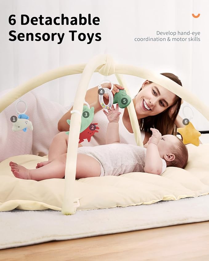 ANGELBLISS Baby Play Gym Mat, Reversible Tummy Time Mat with 6 Sensory Toys for Stage-Based Developmental, Thick & Large Baby Activity Center from Newborn to Toddler (Beige)