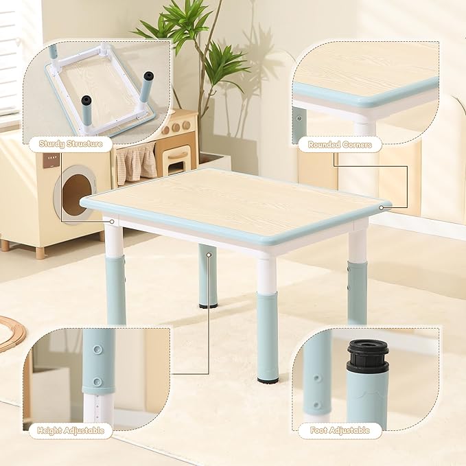 Kids Table and 2 Chairs Set, Height Adjustable Toddler Chairs, Graffiti Desktop Study With Anti-Slip Foot Covers, Children Activity Set for Ages 2-10, Blue Grey