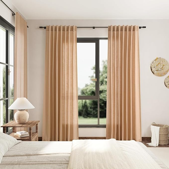 Nanspring Camel Linen Curtains for Living Room 95 Inches Long Back Tab and Rod Pocket Light Filtering Semi Sheer Vintage Rustic Curtain Luxury Boho Decor Drapes for Bedroom Office 52x95, 2 Panels