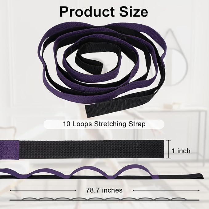 Amrules Yoga Strap for Stretching with 10 Loops Inelastic Soft Polyester Cotton Stretch Out Band for Exercise, Yoga, Pilates and Dance for Men and Women