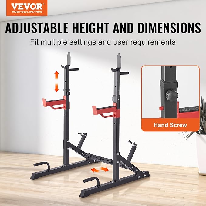 VEVOR Squat Stand Power Rack, Multi-Functional Barbell Rack with Hook, Weight Plate Storage Attachment, Adjustable Free Bench Press Stands, Max Load 600 Lbs Steel Exercise Squat Stand for Gym/Home Gym