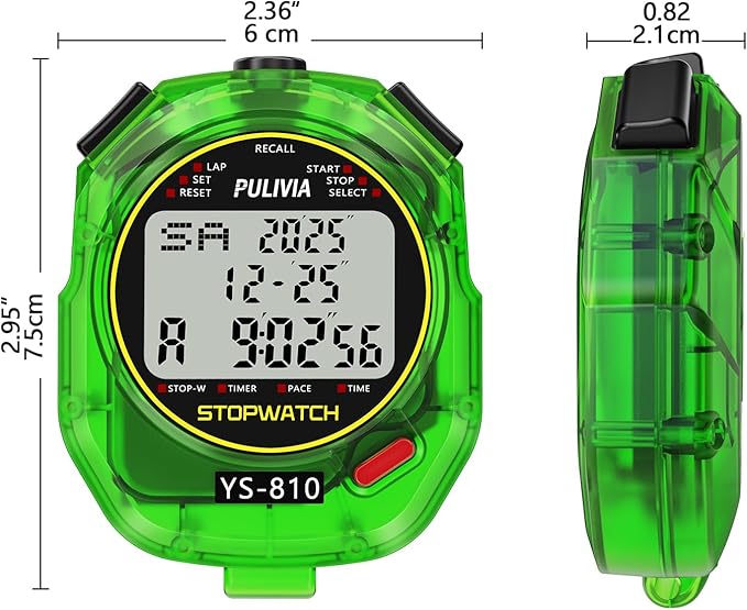 Stopwatch Timer 10 Splits/Laps Digital Stop Watch for Sports, Countdown Alarm Clock Date Memory Recall Large Display, Stopwatch for Coaches PE-Teacher Referee, Green