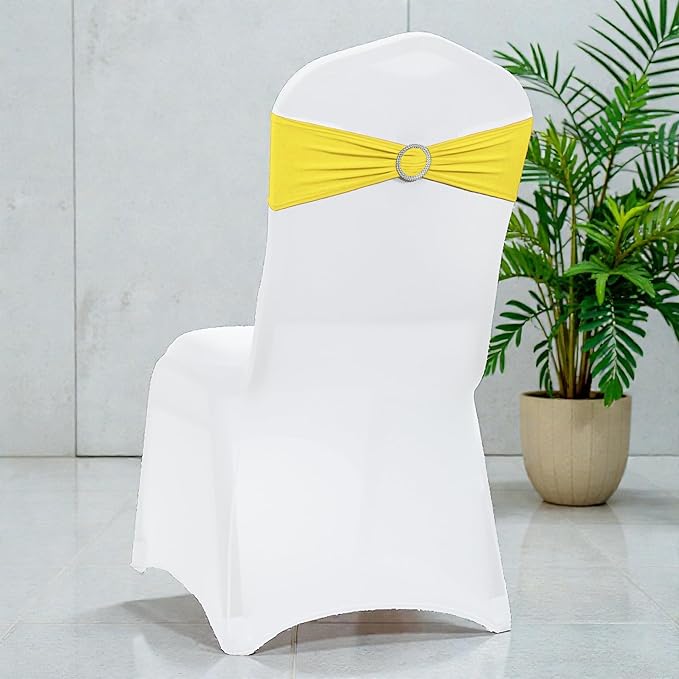 VDS - Yellow | Spandex Chair Sashes Bows | 100 PCS | Stretch Elastic Banquet Universal Folding Chair Band Tie with Silver Buckle Slider for Wedding Party Conference Celebration Event Decoration