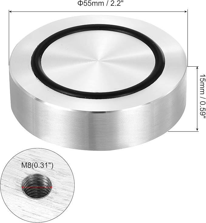 uxcell M8 Thread 55mm / 2.2" Dia 15mm Thick Aluminum Circle Disc Glass Top Adapter 4pcs Round Solid Table Feet Pad Plate Hardware with Anti-Slip Rubber Ring