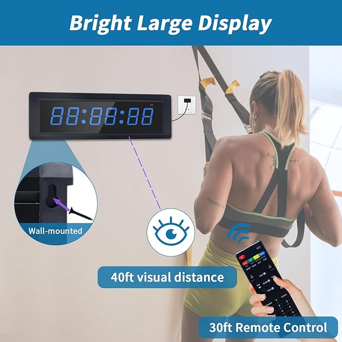 Gym Timer Clock with Remote Control & Push Button,7 RGB Color, Programmable Interval Timer, Countdown/Up Stopwatch,Wall Clock for Home Gym Garage,Portable Training Accessories(Plug-in+Stand)