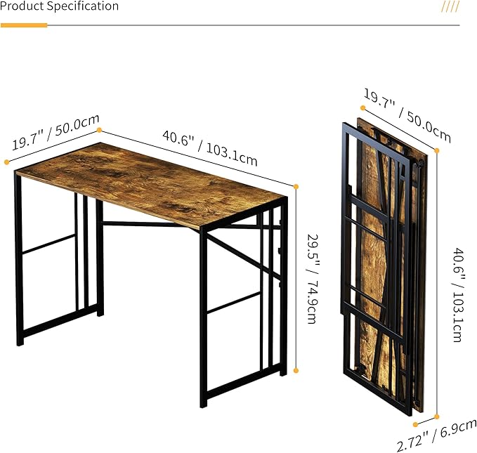 40 inch Folding Computer Desk, Writing Gaming Computer Camping Desk, No Assembly Required Home Office Table, Rustic Brown