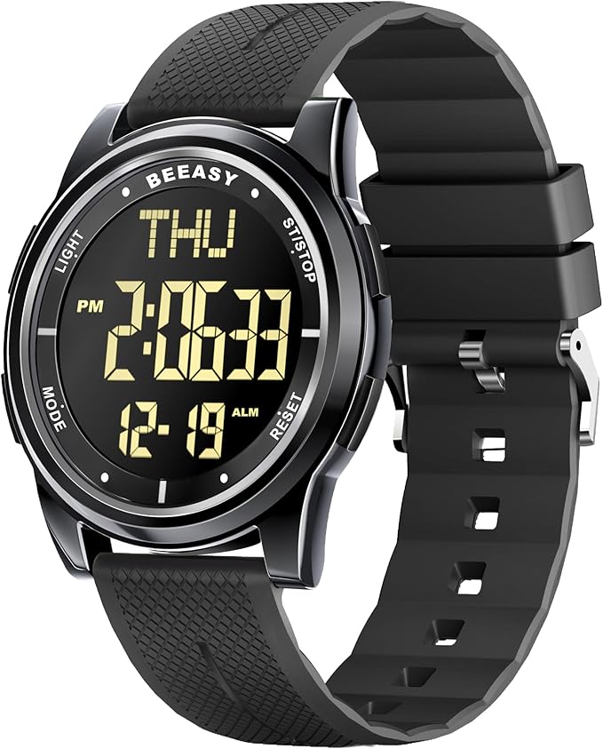Beeasy Digital Watch for Men Women, 50M Waterproof, Ultra-Thin & Lightweight, 44mm Silicone Sports Watch with Alarm, Stopwatch, Countdown, Ideal for Gym, Running, School, Daily Wear