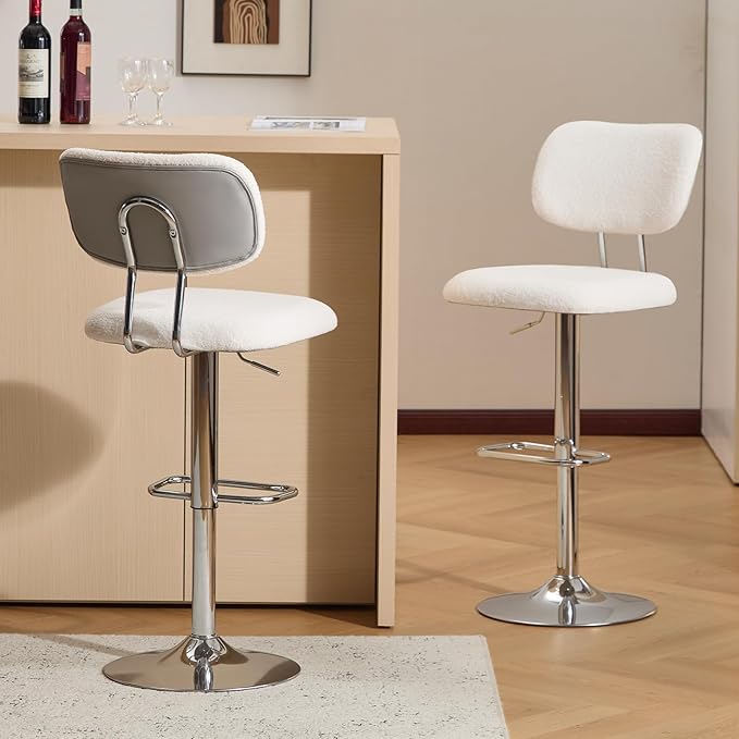 Furniliving Adjustable Bar Stools Set of 2, Modern Teddy Velvet Swivel Barstools with Curved Back, Stylish Armless Counter Height Bar Stools Bar Chairs for Kitchen Island, Bar, Grey