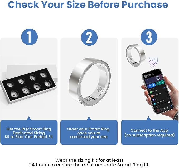 RQZ Smart Ring for Women Men, Fitness Tracker with Heart Rate Tracking, Sleep Tracking, Step Counter, Vibration Alert, 5ATM Waterproof, iOS Android Compatible, Silver Size 13