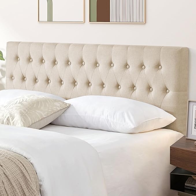 Kingfun Headboards in Modern Button Design, Premium Linen Fabric Upholstered Tufted Bed Headboard, Adjustable Solid Wood Head Board (Beige, Twin)