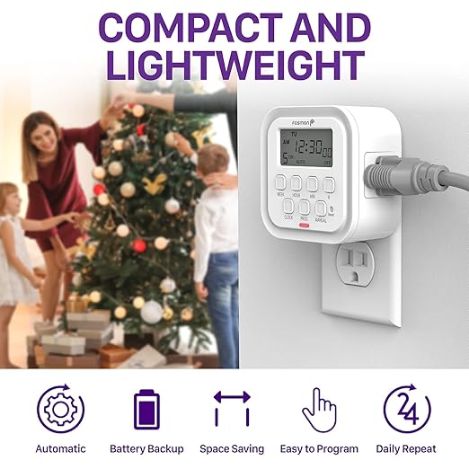 Fosmon 7 Day Digital Timers for Electrical Outlets, Indoor Plug-in Light Timers Switch Programmable, Electric Wall Plug for Lamp, Grow Reptile Lights, Aquarium, 15A/1875W, Grounded