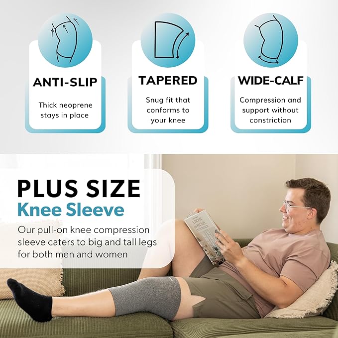 BraceAbility Plus Size Neoprene Knee Sleeve - Knee Compression Sleeve for Large Legs and Big Thighs, Arthritis Joint Pain and Support Knee Brace for Obese - Fits Men and Women (4XL - Gray)