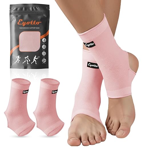 eYotto Open-Heel Ankle Sleeves (4 Pair), Breathable Foot & Ankle Compression Support for Swelling, Plantar Fasciitis & Sprain Relief for Men & Women(Pink)