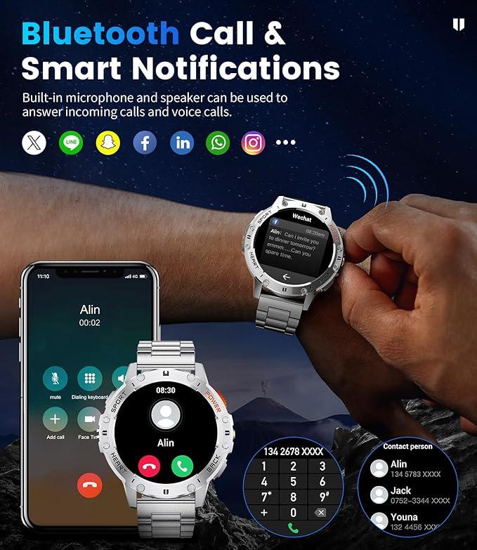 LIGE 1.43" AMOLED Smart Watch for Men with Flashlight, Bluetooth Calling, 100+ Sport Modes, 530mAh, IP68 Waterproof Fitness Tracker for Workout, iOS Android Compatible, Silver Steel