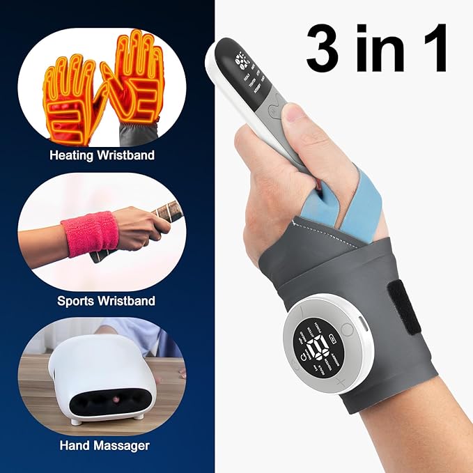 Cordless Wrist Heating Pad with Pulse Massage, 3-Temperature & 19 Modes for Hand & Wrist Pain Relief, Electric Heat Wrap Soothes Sore Muscles from Typing, Gaming, Sports & Daily Use, Fits Both Hands