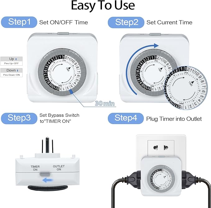 24-Hour Mechanical Timer for Electrical Outlets, Dual 3-Prong Outlets, 30-Minute Intervals, for Room Lights and Home appliances, 125V 15A, ETL Certified