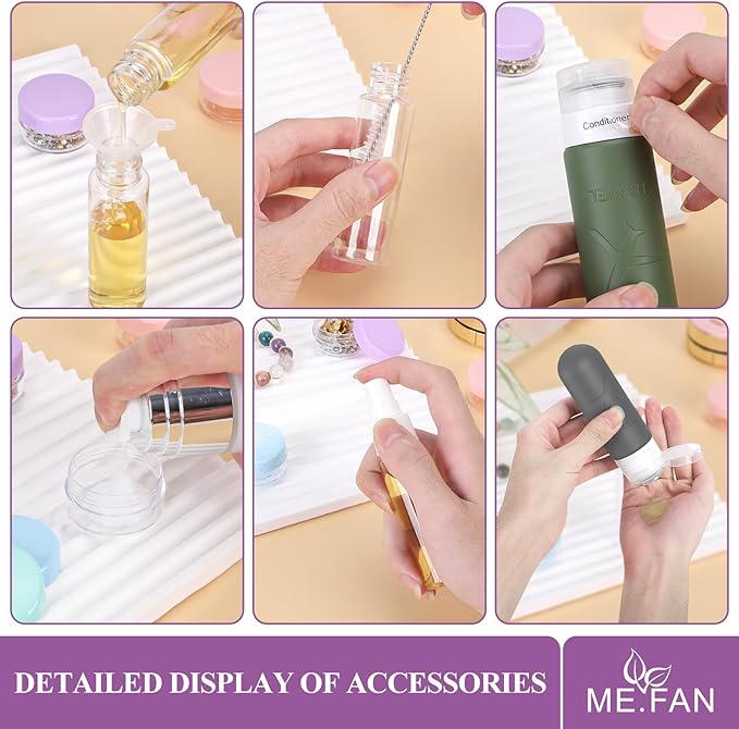 ME.FAN 18 Pack Travel Bottles for Toiletries, TSA Approved Travel Size Containers Set, Silicone Squeezable Portable Split Bottle, Travel Accessories for Conditioner, Shampoo, Lotion - Purple