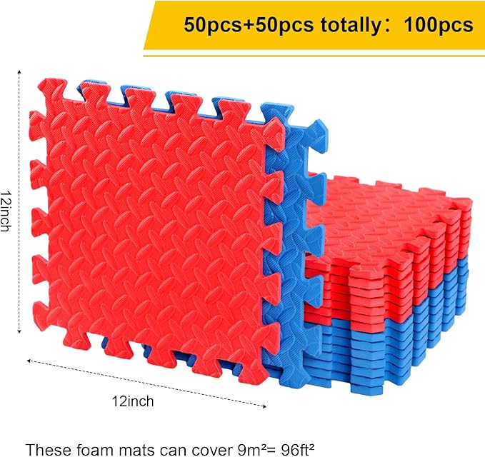 Ecally 100 Pcs 12 x 12 Gym Mat Foam Floor Mats for Home Gym Covers 96 Sq Ft Puzzle Exercise Square Interlocking Carpet Tiles with Border for Workouts Equipment Yoga Pilates (Red,Blue)