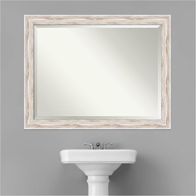 Amanti Art White Bathroom Mirror for Over Sink, 35x45 Alexandria White Wash Rectangle Vanity Mirror, X-Large Coastal Wood Frame, Hangs Horizonally and Vertically, Bathroom Wall Decor, Beveled Edge