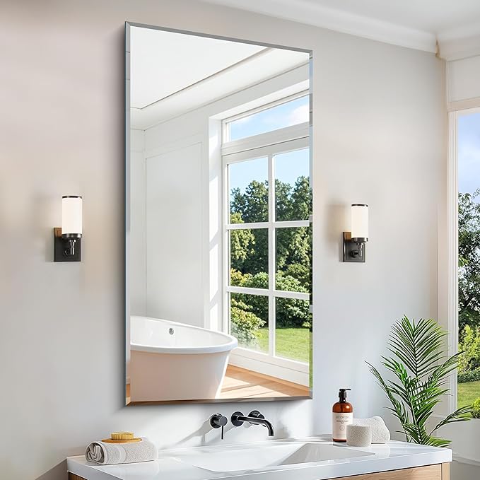 24x48 Large Beveled Mirror, Frameless Beveled Bathroom Mirrors for Over Sink, Upgraded Shatterproof Beveled Vanity Mirror for Bathroom,Bedroom,Living Room and Entryway