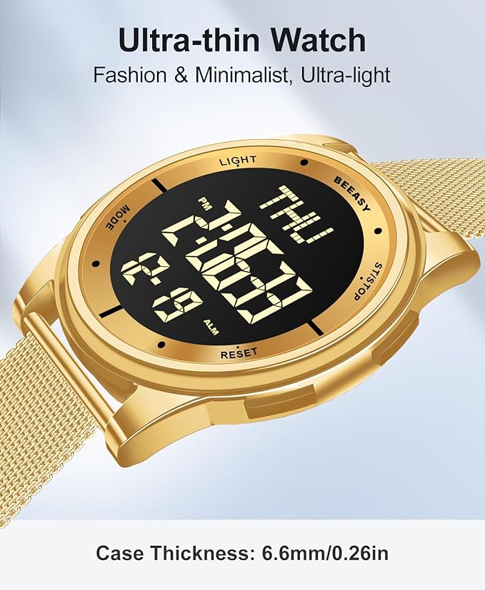 Beeasy Digital Watch for Men Women, 50M Waterproof, Ultra-Thin & Lightweight, 44mm Silicone Sports Watch with Alarm, Stopwatch, Countdown, Ideal for Gym, Running, School, Daily Wear