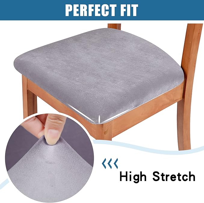 Smiry Velvet Seat Covers for Dining Room Chair Set of 4, Stretch Fit Removable Washable Chair Seat Cushion Protector Slipcovers with Ties, Light Grey