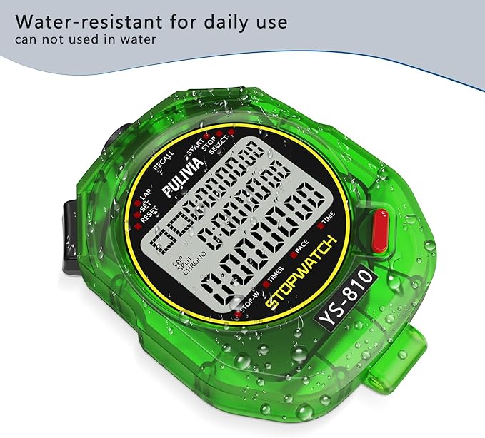 Stopwatch Timer 10 Splits/Laps Digital Stop Watch for Sports, Countdown Alarm Clock Date Memory Recall Large Display, Stopwatch for Coaches PE-Teacher Referee, Green