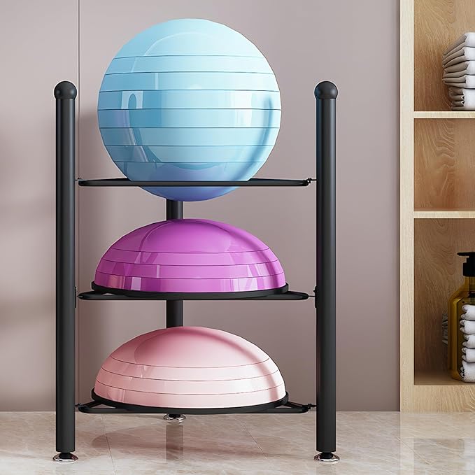 Sturdy Metal 3-Tier Storage Rack, 27.5In Floor Stand Organizer for Bosu, Balance, Slam, Bowling, Medicine Balls in Home Gym and Yoga Studio