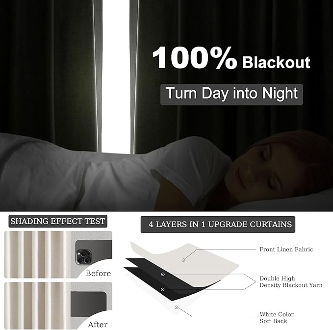 Topfinel 80 Inch Long Linen Blackout Curtains 2 Panels Set for Bedroom Back Tab Rod Pocket Pleated Boho Farmhouse Room Darkening Curtains for Sliding Glass Door,Cream Ivory, 52x80 in Length