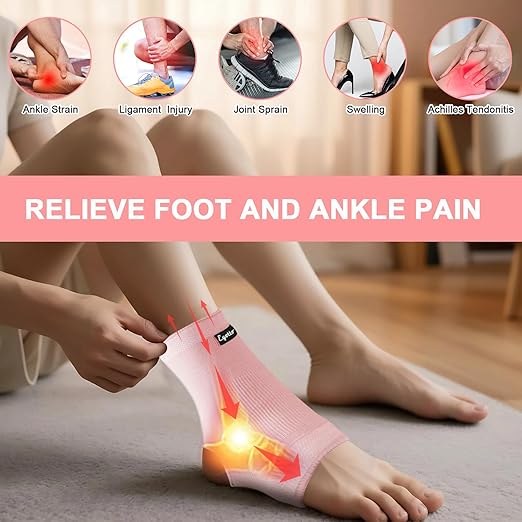 eYotto Open-Heel Ankle Sleeves (4 Pair), Breathable Foot & Ankle Compression Support for Swelling, Plantar Fasciitis & Sprain Relief for Men & Women(Pink)
