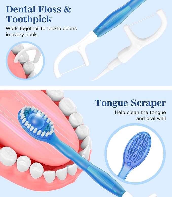 24 Pack 5 in 1 Disposable Mini Toothbrushes with Toothpaste, Floss, Pick & Tongue Scraper, Individually Wrapped, Portable Toothbrush Travel Set for Kids Adults, Mint Flavor