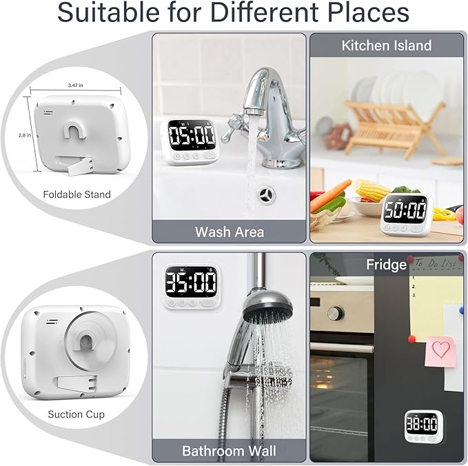 HAUKINIX Shower Timer Waterproof Bathroom Toilet Timer Digital Kitchen for Wall Mount, Study w/Foldable Stand, Countdown Stopwatch w/Suction Cup for Swim, Rechargeable, 2 Pack White