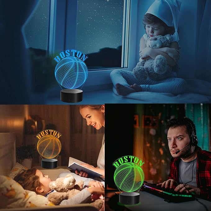 Basketball Night Light, Boston Gifts for Boy, 3D Illusion Lamp with Remote Control, 16 Colors Changing, RGB Flashing Mode and Dimmable, Gifts for Boys Christmas Decor (Boston)