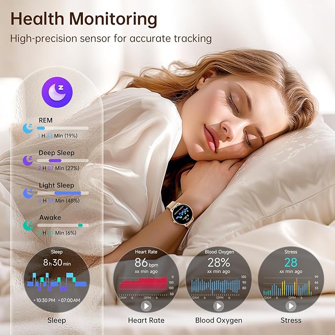 Smart Watch for Women, 1.27" AMOLED Screen Smartwatch with Answer/Make Call for iPhone/Android/Samsung, Fitness Tracker with 120+ Sport Modes, Heart Rate/Sleep/Health Monitor, IP68 Waterproof, Gold