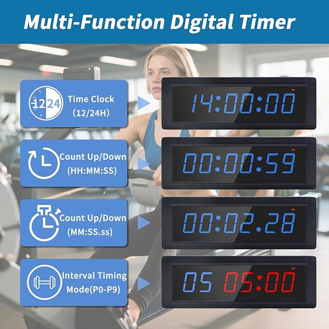 Gym Timer Clock with Remote Control & Push Button,7 RGB Color, Programmable Interval Timer, Countdown/Up Stopwatch,Wall Clock for Home Gym Garage,Portable Training Accessories(Plug-in+Stand)