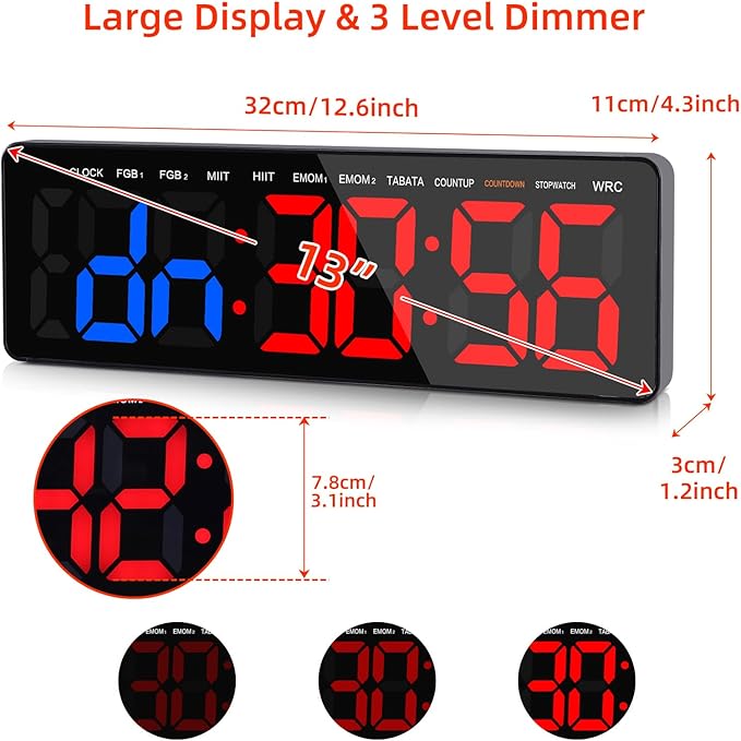 13" Gym Timer Clock, Workout Interval Timer with Remote Control, Count Down & Up Stopwatch, Adjustable Brightness, Large LED Digital Display, Fitness Digital Clock for Home/Garage/Boxing