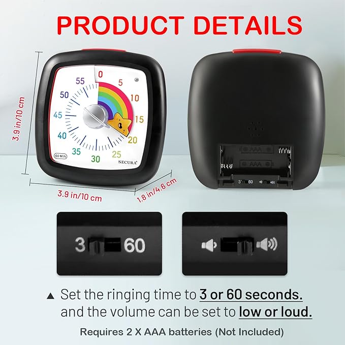 Secura 60-Minute Visual Timer, Silent Study Timer for Kids and Adults, Time Clocks, Time Management Countdown Timer for Teaching (Black & Star)