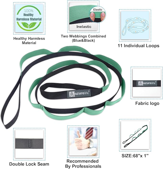 A AZURELIFE Half-Elastic Stretch Straps with 11 Loops, Stretching Strap for Physical Therapy, Multi-Loop Yoga Strap Fitness Exercise Strap for Yoga, Pilates, Dance, Flexibility&Exercise