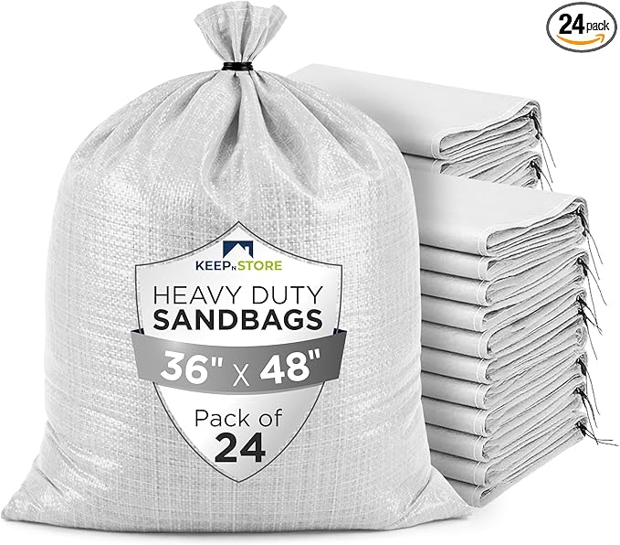 Heavy Duty Sand Bags Pack of 24, White Empty Sandbags with Built-In Ties, Woven Polypropylene UV Protection 1600 Hours, Fillable Bags for Flood Control, Weight, 36x48 inches, 175 Pounds Volume