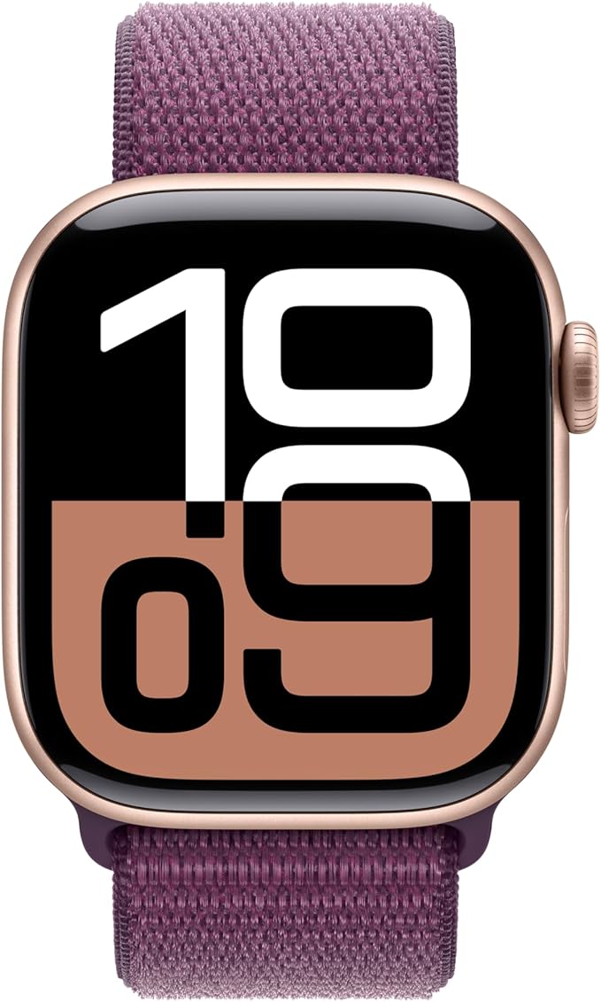 Apple Watch Series 10 [GPS 42mm] with Rose Gold Aluminium Case with Plum Sport Loop. Fitness Tracker, ECG App, Always-On Retina Display, Carbon Neutral with AppleCare+ (2-years)