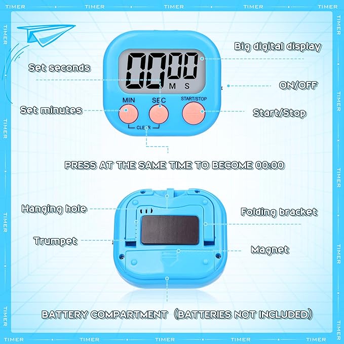 Mwellewm 24 Pcs Digital Timers for Classroom Kitchen Timers for Cooking Small Magnetic Stopwatch 6 Colors Mini Countdown Timer Loud Alarm Stop for Study Work Baking Sports Games Office Timer Clock