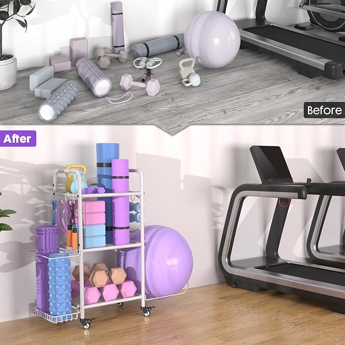 Home Gym Storage Rack Exercise Equipment Storage Organizer for Yoga Mat Dumbbells Kettlebells Foam Roller Yoga Strap & Resistance Bands, Ideal Yoga Mat Holder & Workout Equipment Organizer