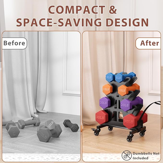 4-Tier Dumbbell Rack on Wheels – Portable A-Frame Weight Rack for Home Gym, Fits 3-30 lb Dumbbells (Rack Only)