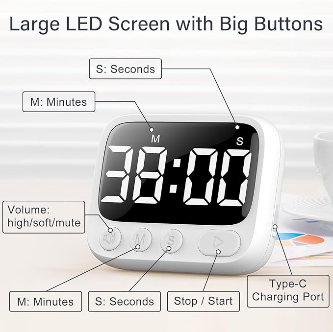 HAUKINIX Shower Timer Waterproof Bathroom Toilet Timer Digital Kitchen for Wall Mount, Study w/Foldable Stand, Countdown Stopwatch w/Suction Cup for Swim, Rechargeable, 2 Pack White