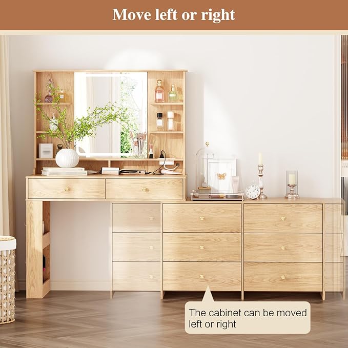 Large Makeup Vanity Desk with Mirror and Lights, Vanity Desk with 8 Drawers & Storage Shelves, Vanity Table with Power Outlet, 3 Color Modes & Adjustable Brightness Dressing Table, Bedroom,Oak