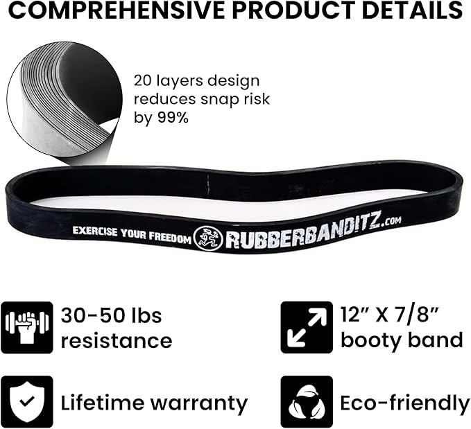 Rubberbanditz Extra Thick Booty Bands - for Glutes and Legs Workouts - Includes eGuide for Women - Mini Loop Exercise Band Engages HIPS, Thighs, Butt, and Abs - 5 Mini Resistance Band Sizes 5-100 lbs